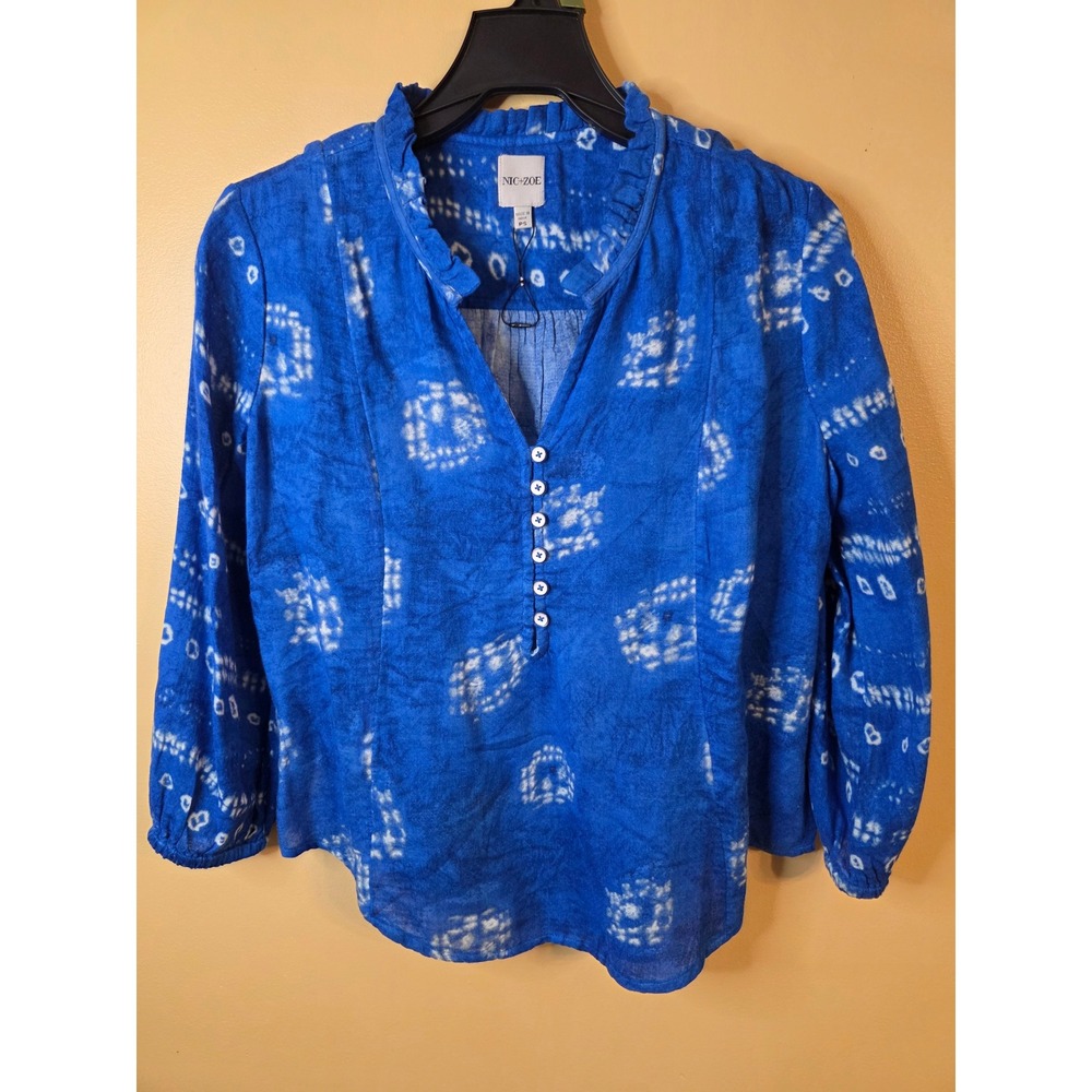 NIC+ZOE Blue White Batik Print Ruffle Neck Button Blouse Petite Small PS